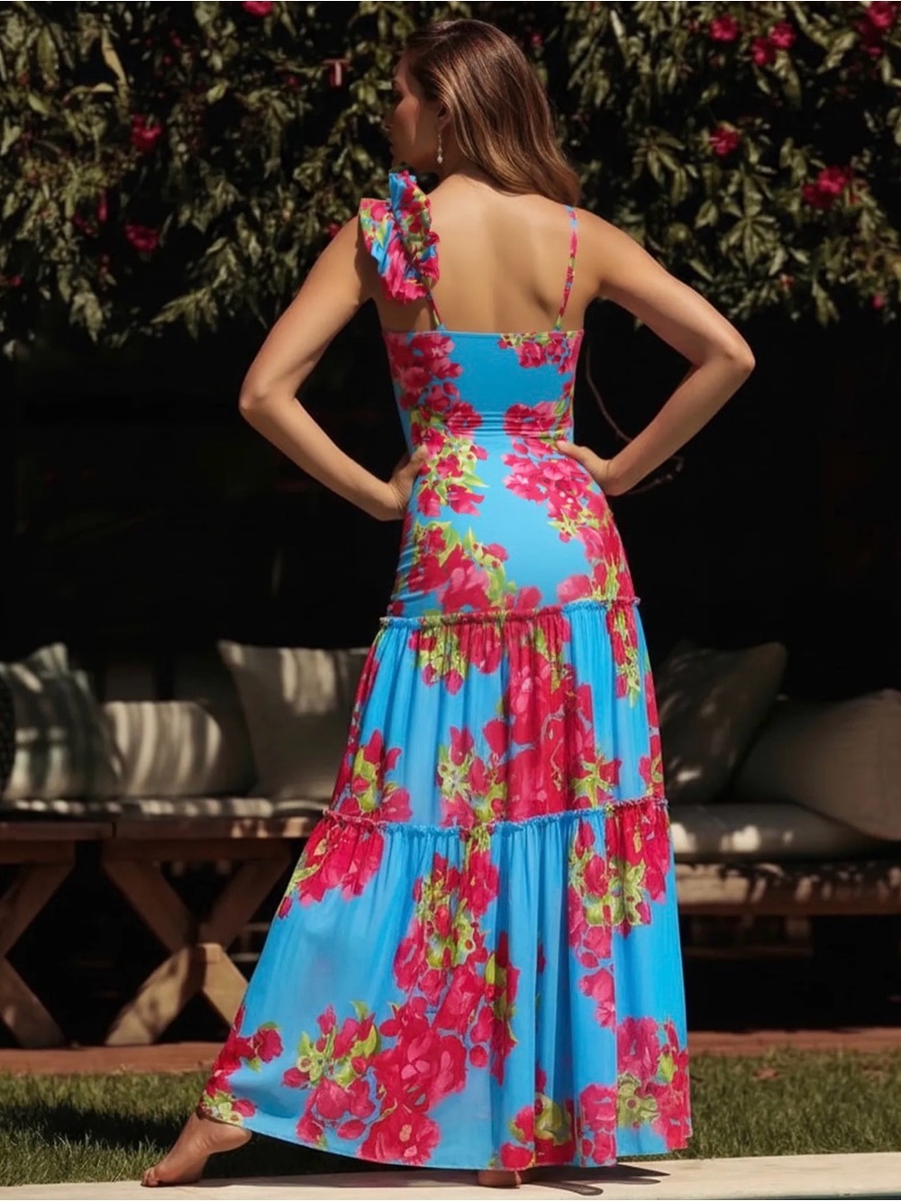 One-Shoulder Floral Cutout One-Piece Swimsuit - Blue with Pink Floral - Picture 3 of 8